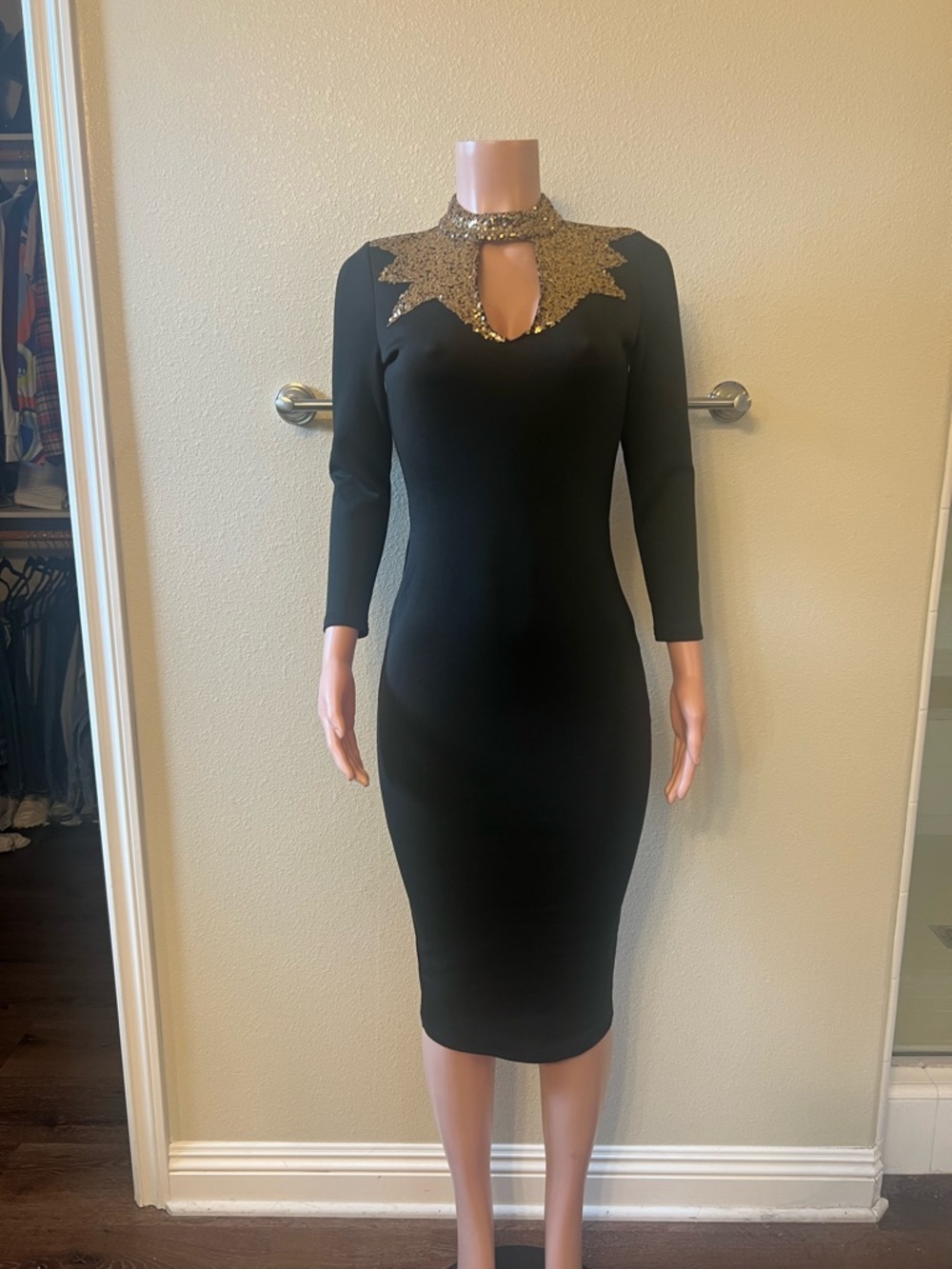 Black Bodycon Dress with Gold Embellished Collar. Size M. New!